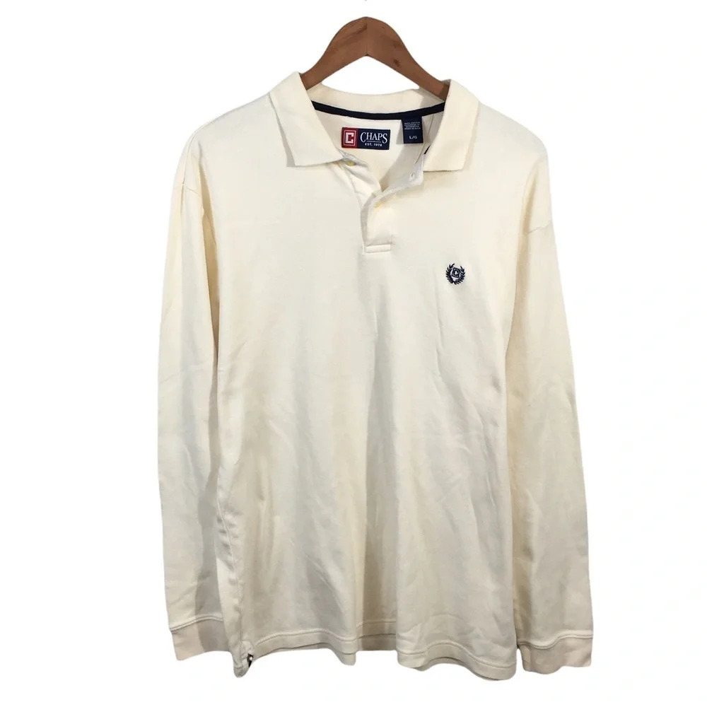 Chaps Cream Long Sleeve Polo Shirt with Navy Crest